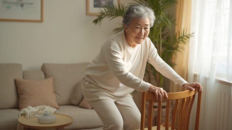 의자를 잡고 앉았다 일어서기 운동을 하는 50대 여성