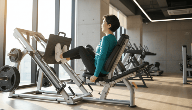헬스장에서 레그 프레스 머신으로 가볍게 운동하는 50대 여성
