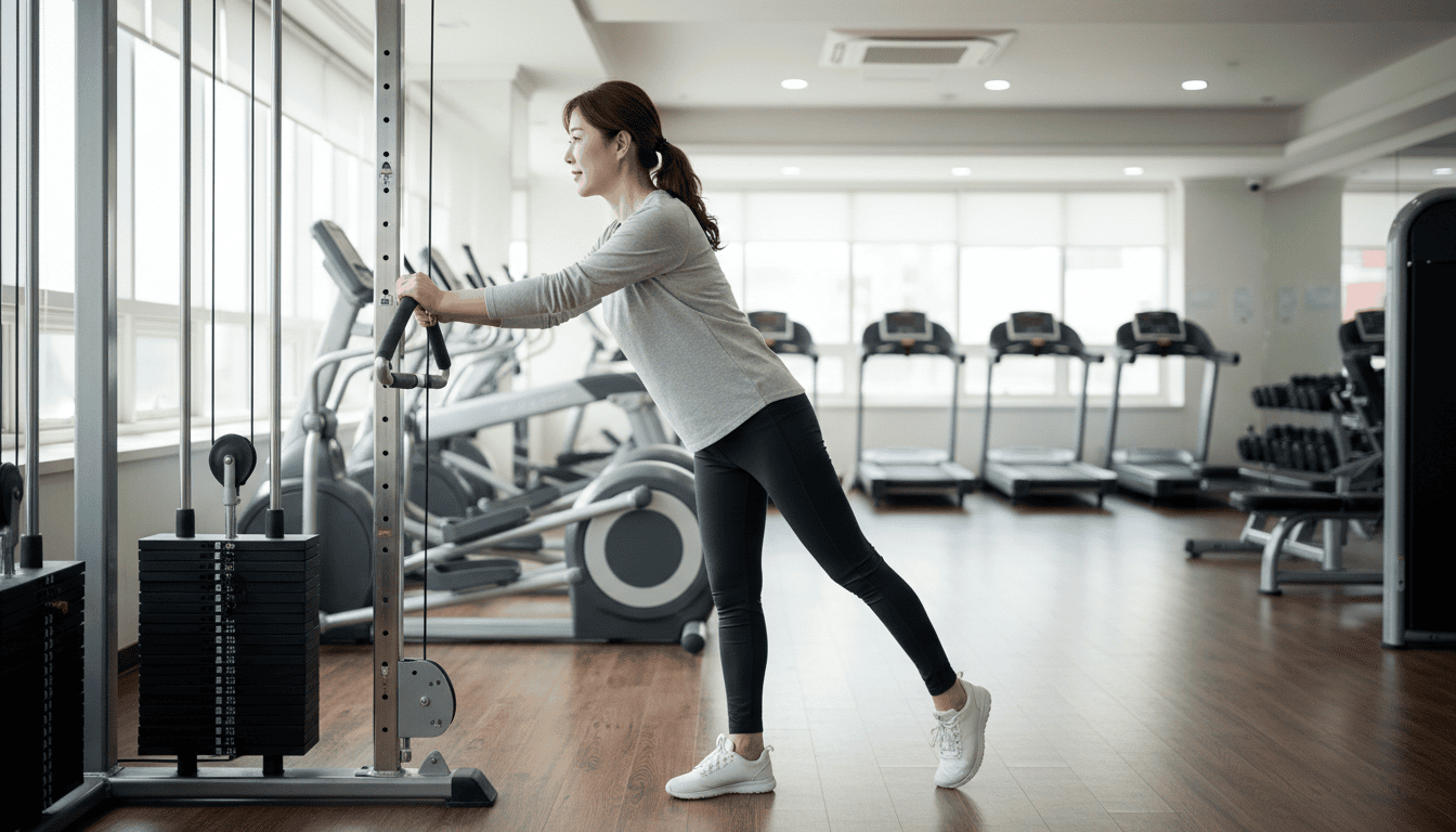 헬스장에서 본운동 전 관절을 풀며 준비운동하는 50대 여성