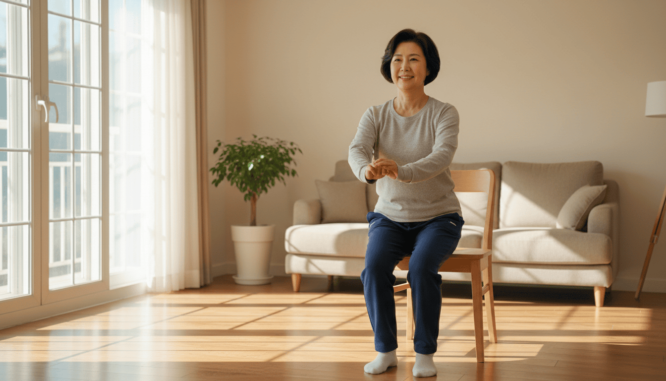 집에서 의자를 잡고 가볍게 스쿼트를 하는 60대 여성