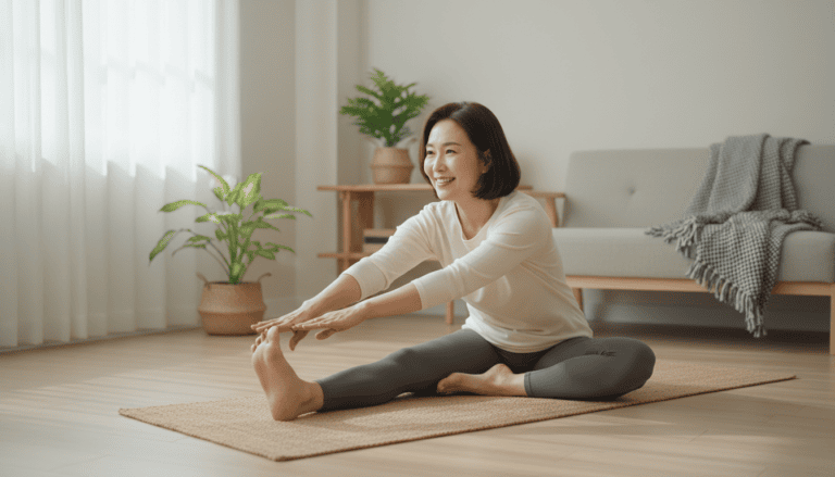 50대 여성이 밝은 거실에서 매트 위에 앉아 부드럽게 스트레칭하는 모습